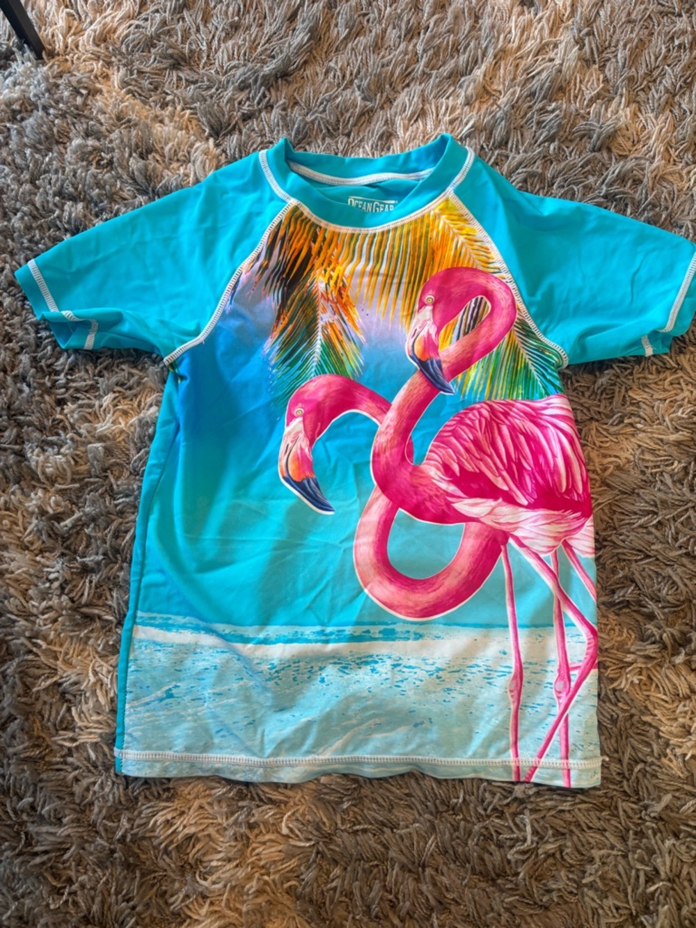 Kids Turquoise Flamingo Rash Guard Swim Shirt - Op/ Unknown Brand